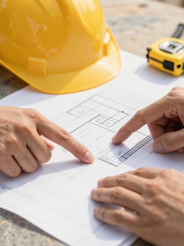 Close-up of a construction blueprint being reviewed by two hands, one pointing to a detail, with a hard hat and measuring tape in the background, bright natural daylight, warm sand and slate tones, sharp focus, 35mm lens