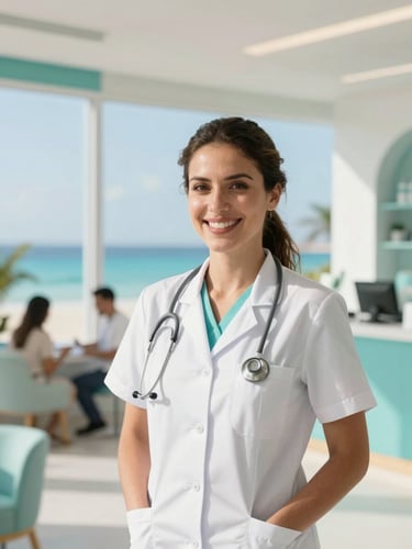 Warm editorial photography, bright coastal daylight, a professional female medical coordinator smiling warmly in a modern, sunlit clinic lobby in Cancun, soft turquoise accents, shallow depth of field