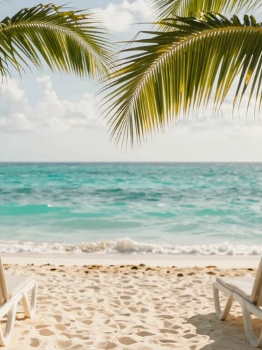 A serene tropical recovery terrace overlooking the turquoise sea of Cancun, warm sunlight, comfortable lounge chairs, lush green palm leaves framing the view