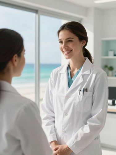 A professional bilingual doctor in a bright, modern clinic in Cancun, warm natural light from a window, smiling with empathy, wearing a clean white coat