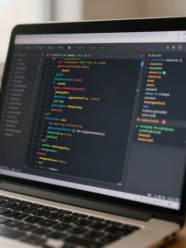 Close-up of a high-resolution laptop screen displaying complex SEO analytics, code wireframes, soft gold ambient lighting, shallow depth of field