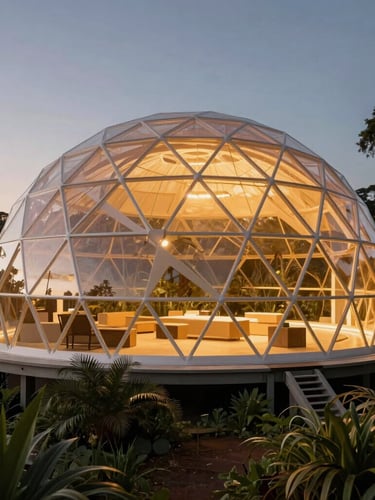 A futuristic geodesic dome nestled high in the Queensland rainforest canopy, glowing warm gold light from within, twilight sky, ultra realistic architectural render.