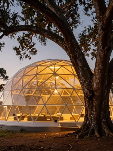 A striking vertical portrait of a modern geodesic dome nestled in a giant Queensland fig tree, glowing warm gold light at twilight, mist rising from the ground