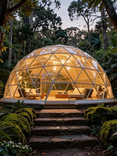 A cinematic twilight shot of a futuristic geodesic holiday dome glowing with warm golden light, nestled seamlessly within a dense Australian rainforest canopy, ancient mossy stone steps in the foreground, ultra-realistic premium resort atmosphere.
