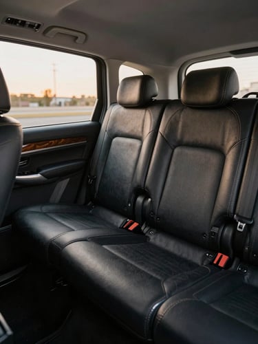 Interior of a Mercedes-Benz V-Class rear cabin, individual captain seats in deep black nappa leather with champagne stitching visible, wood-grain trim panel catching warm diffuse golden-hour light from the side window, shallow depth of field emphasising material quality, no passengers