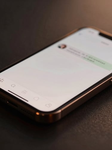Extreme close-up macro shot of a dark bronze smartphone screen displaying an elegant, clean chat interface, soft warm twilight lighting, high-contrast luxury aesthetic.