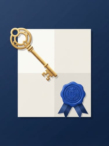 Flat vector illustration of a legal contract with a royal blue official wax seal and a golden key, clean geometric shapes, navy background, sharp corporate minimalist style