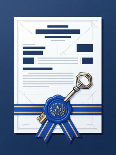 Clean geometric flat vector illustration of an official legal contract document with a royal blue wax seal and a brass key, high-key digital studio lighting, navy and gold tones