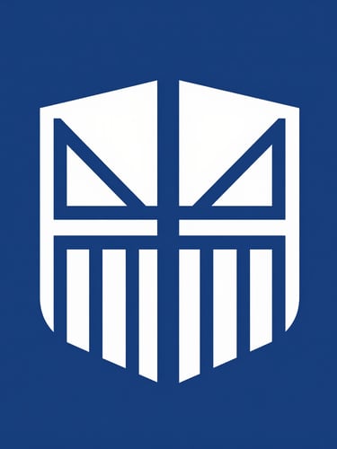 A clean geometric vector illustration of a stylized legal seal and abstract architectural lines. Royal blue and navy tones, sharp corporate minimalist style.