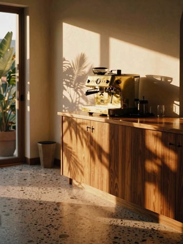 Warm editorial photography of sun-drenched terrazzo floors inside a modernist building, a polished brass espresso machine on a dark wood counter, tropical foliage shadows on the wall, golden-hour window light, 35mm film aesthetic