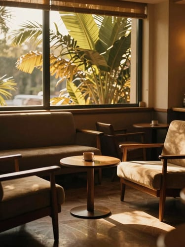 Warm editorial photography of a low-lit sophisticated lounge with mid-century Italian furniture, golden-hour window light filtering through tropical leaves.