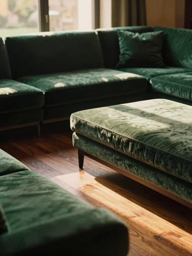 Ampia inquadratura ambientale di una lounge vuota ed elegante, pavimenti in terrazzo veneziano, arredi modernisti in velluto verde e legno scuro, ombre morbide del tramonto