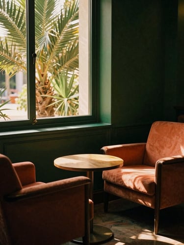 A low-lit sophisticated lounge with mid-century Italian armchairs, warm golden-hour light filtering through tropical palm leaves, rich deep green and terracotta tones, soft shadows, 35mm film aesthetic