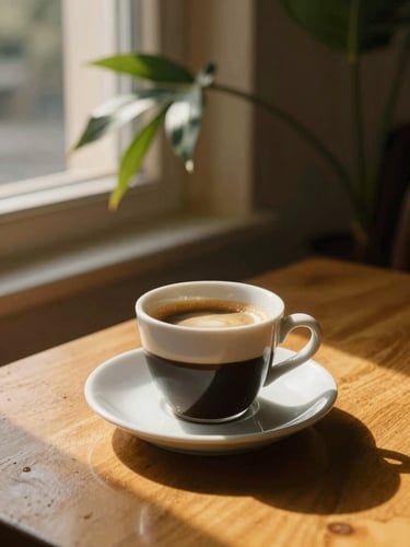 Primo piano ravvicinato di una tazza di caffè espresso a regola d'arte servita su un vassoio di ottone lucido, con luce dorata del tardo pomeriggio che filtra da una finestra tropicale
