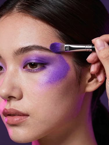 Artistic portrait of a makeup artist's hand holding a brush, applying a precise stroke of vibrant purple pigment near a model's temple, sharp focus on skin texture and pigment, dramatic studio lighting