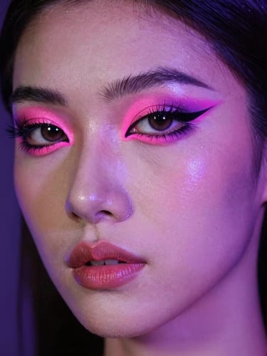 Dramatic close-up of a model with high-pigment graphic eyeliner and neon pink accents, studio lighting with deep purple rim light, 85mm lens