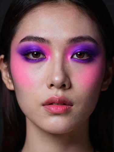 Dramatic close-up studio portrait of a model with high-pigment graphic eyeshadow in neon pink and deep purple, sharp key lighting, subtle pink rim light highlighting skin texture, dark moody background, 85mm lens