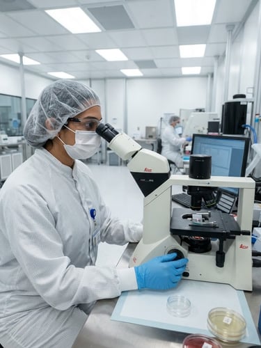 Scientist in a sterile cleanroom, looking at a microscope, bright clinical lighting, fresh aqua and sterile white tones, sharp macro focus, wide-angle clean industrial space.