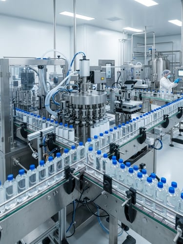 Wide shot of a sterile, automated bottling line for liquid disinfectants, bright clinical lighting, cool tones, sharp focus on precision machinery.