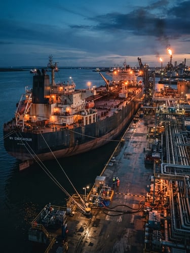 Cinematic industrial photography of a massive oil tanker vessel docked at a deepwater terminal at twilight, desaturated steel blues and warm orange sodium flares, wide-angle lens