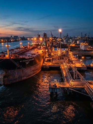 Cinematic industrial photography of a massive crude oil tanker ship loading at a deepwater terminal, dramatic twilight lighting with orange sodium flares reflecting off steel hulls and dark water, wide-angle lens.