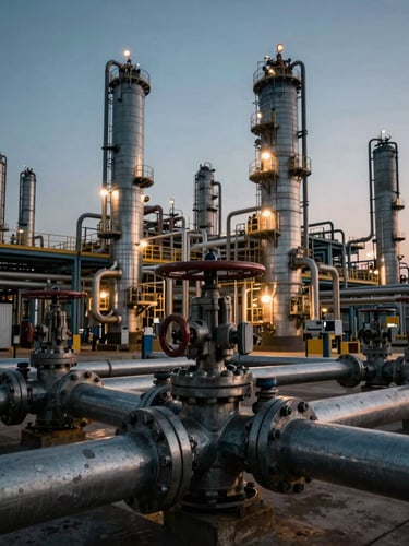 Cinematic industrial photography of heavy steel valves and pipelines inside a refinery, dramatic twilight lighting with warm sodium flares, desaturated steel blues, wide-angle lens