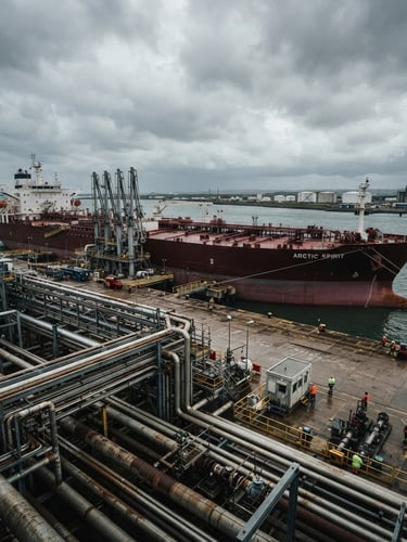 Wide-angle cinematic industrial photography of a massive maritime crude oil tanker docked at a modern deepwater terminal under overcast daylight, steel pipes and heavy infrastructure in foreground.