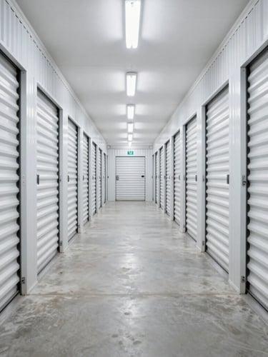 Wide one-point perspective corridor of a brightly lit, immaculate commercial storage facility in Dubai, clean concrete floors, secure steel doors, clinical overhead lighting.