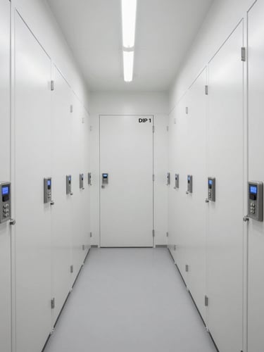 Wide perspective of an immaculate, brightly lit storage corridor in DIP 1, clean white walls, secure electronic keypads on unit doors, clinical and secure atmosphere.