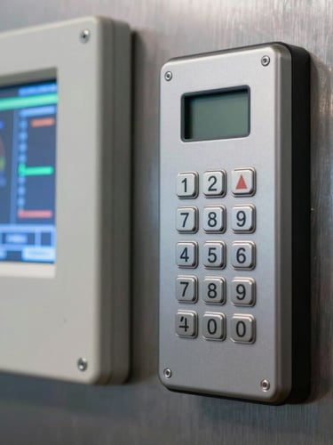 A sharp close-up of a high-security electronic access keypad mounted on a steel wall next to a brightly illuminated climate-control monitoring panel showing digital metrics.