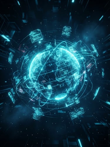 A futuristic 3D render of a glowing holographic tech globe with floating document nodes, dark ambient background, neon cyan edge lighting, high-tech abstract geometry