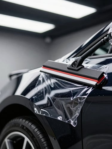 Macro shot of a squeegee smoothing clear self-healing paint protection film over the curved fender of a black luxury sports car, cool studio LED light bars overhead, clinical environment, high contrast