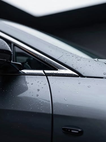 Extreme close-up of a flawless wrapped edge on a high-end luxury car door, water beading on the hydrophobic surface, dramatic cool overhead studio lighting, high contrast