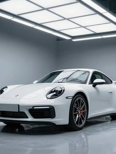 Macro photograph of a pristine, clinical automotive detailing bay under bright overhead LED light bars, a white Porsche 911 being prepped, dust-free environment, cool-toned ambient light, high-contrast, 50mm