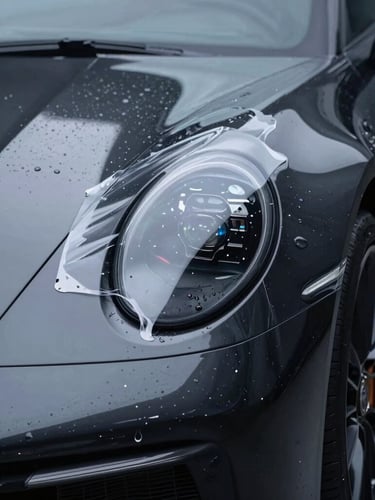 Extreme macro shot of a clear polyurethane paint protection film being meticulously squeegeed onto the sharp fender curve of a modern black Porsche 911, cool studio LED lighting reflecting off metallic paint, water droplets, high-contrast automotive photography