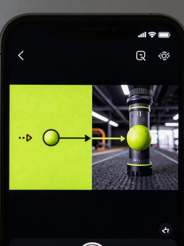 Extreme close-up of a high-contrast vertical smartphone screen showing a split-screen retention graph overlaying a fast-paced product video, vibrant electric lime accents, dark background.