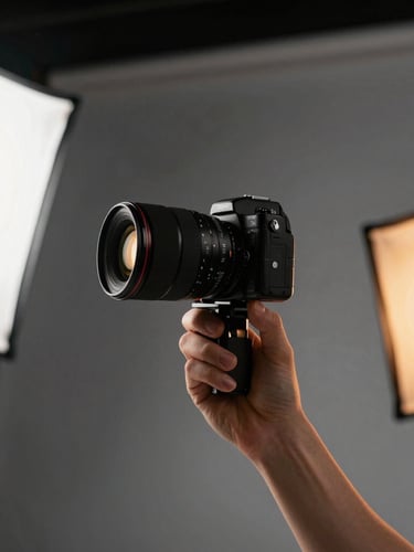 Low-angle raw smartphone shot of a creator in a high-contrast studio with colored gel lighting, holding a vertical camera setup, high energy.