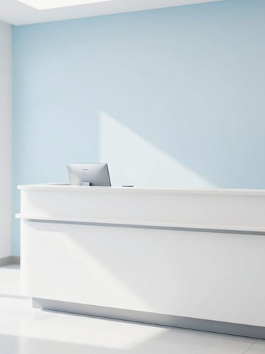 Bright, modern, and welcoming reception area of a dental consulting office in Philadelphia, natural light, soft blue and white decor, sharp focus, 35mm.
