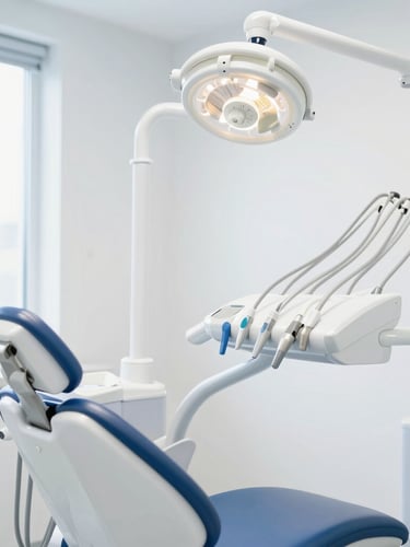 Modern, clean dental clinic interior with advanced dental technology, bright high-key natural daylight, soft whites and calming blue tones, sharp focus, 35mm
