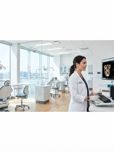 Wide panoramic view inside a modern, sterile dental clinic, bright natural daylight streaming through large windows, advanced dental equipment subtly visible, a confident, professional female dentist in the right third of the frame reviewing digital scans on a monitor, soft whites and calming blue tones, sharp focus, 35mm