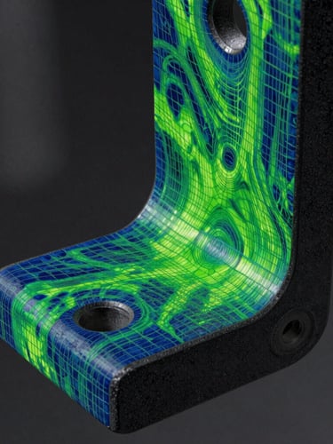 Extreme close-up of a finite element analysis stress heatmap of a structural bracket, mapped strictly to royal green and coal black tones, showing high-density mesh geometry.