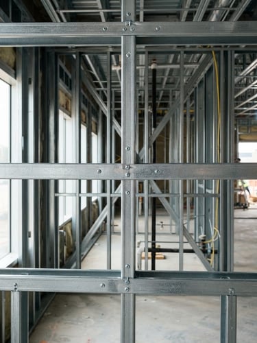 Close-up architectural shot of structural metal stud framing before gypsum boards are mounted, bright natural daylight mixed with cool work lights, sharp focus on clean steel lines.
