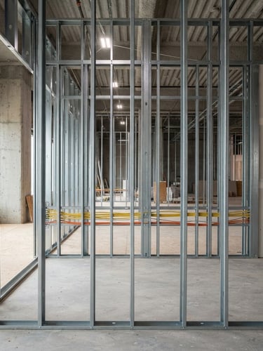 Crisp architectural photography of a metal stud framing structure for a drywall partition, bright natural daylight mixed with cool work lights, clean industrial tones, sharp focus, 35mm lens