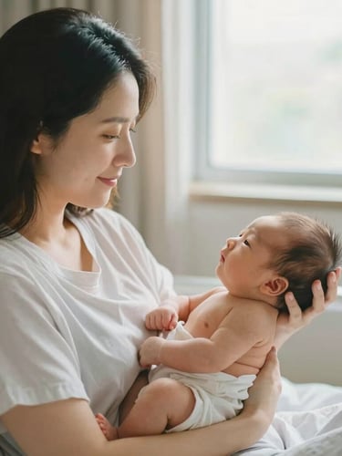A warm editorial portrait of a mother resting in a private hospital suite, holding her newborn skin-to-skin under soft natural window light, tranquil atmosphere, shallow depth of field, 35mm