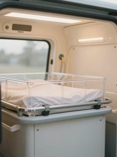 A specialized neonatal transport incubator framed softly in the back of a modern medical vehicle, warm ambient lighting, shallow depth of field