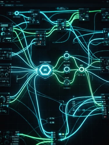 Macro shot of a node-based computational graph with glowing cyan and green wires, sharp UI details on a dark background, high-contrast digital glow, 35mm