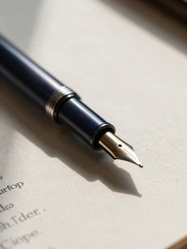 Macro shot of a heavy fountain pen resting on a detailed, textured promissory note contract, soft directional office window light, high contrast