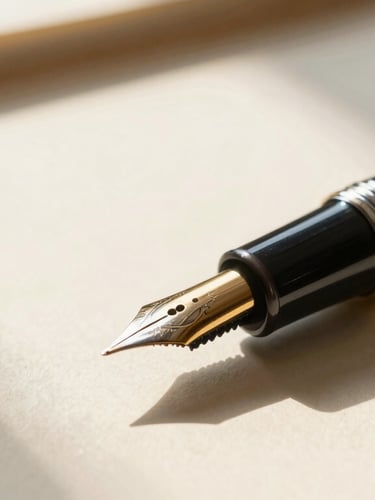 Close-up of a high-end fountain pen resting on a textured parchment agreement, shallow depth of field, warm directional window light, rich contrast.