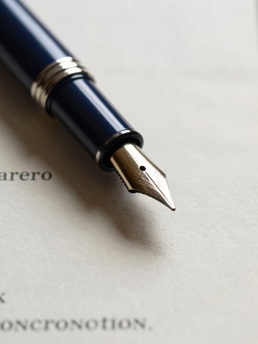 Macro close-up of a high-end fountain pen resting on a crisp legal promissory contract, textured parchment paper, soft directional office window light, high contrast, deep navy tones
