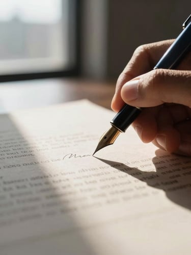 Macro photograph of a fountain pen signing a heavy parchment legal contract under high-contrast directional window light, deep navy shadows.